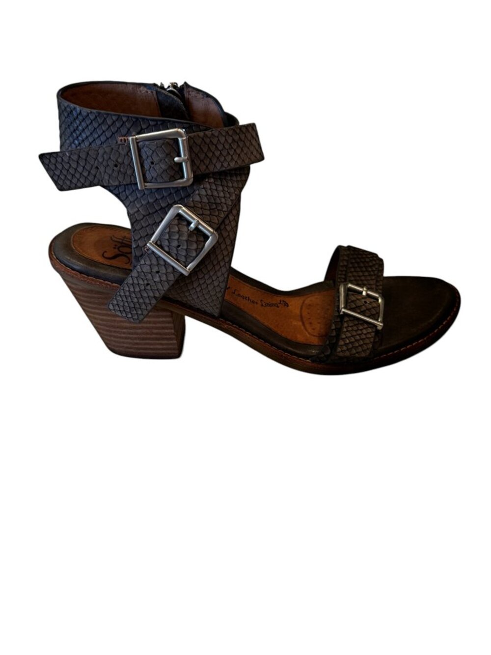 Söfft Gray Croc Embossed Leather Buckle Strap Block Heel Sandals Size 8 - Picture 3 of 12